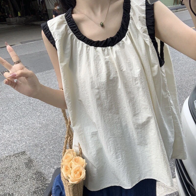 撞色宽松背心衬衫女夏季新款韩版时尚显瘦百搭设计感别致无袖上衣