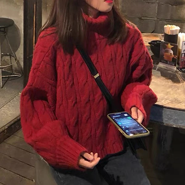「红薯」撞色高领针织衫女秋冬麻花毛衣宽松显瘦冬季上衣 -9620