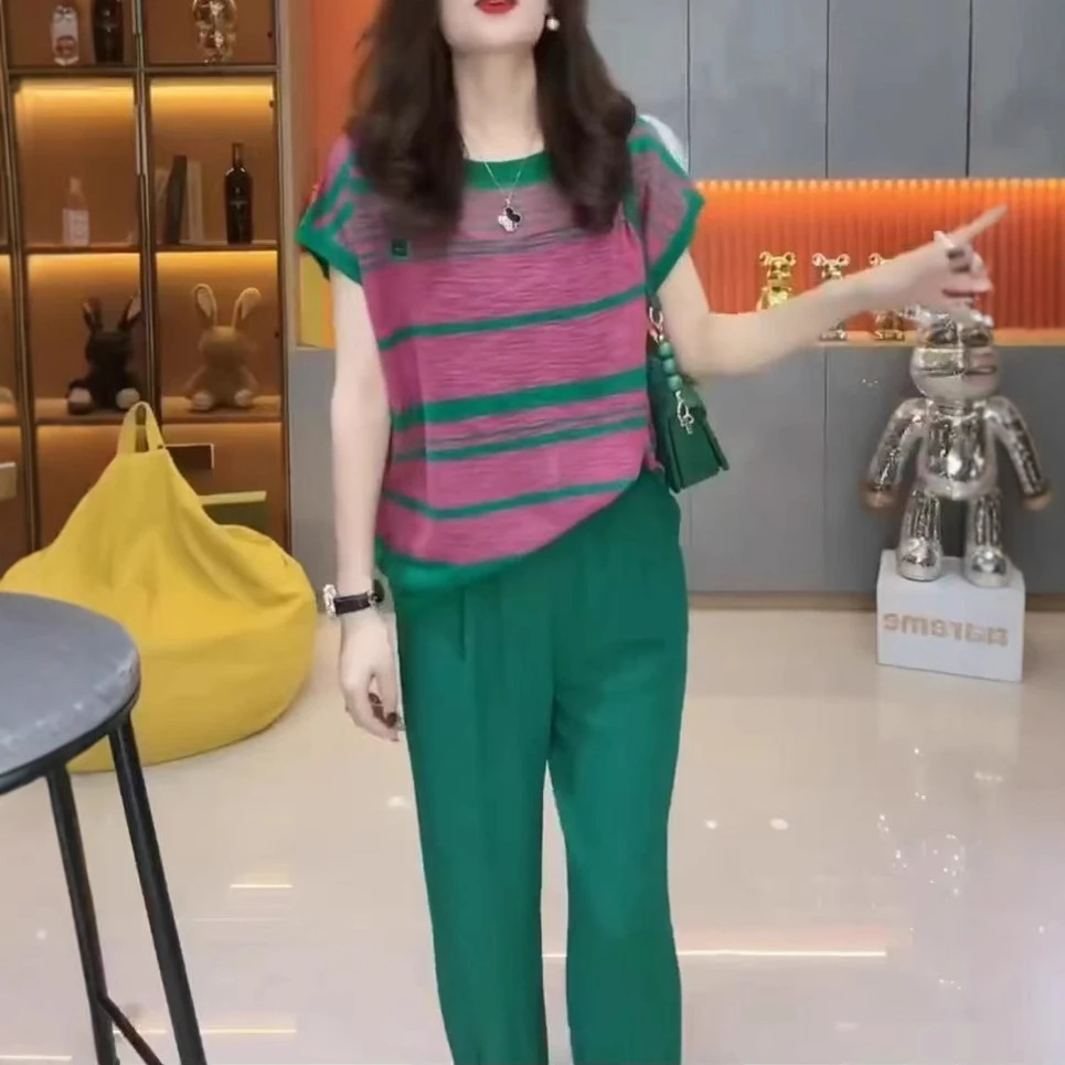 新款小个子宽松短袖T恤休闲阔腿裤显瘦女装两件套D25159