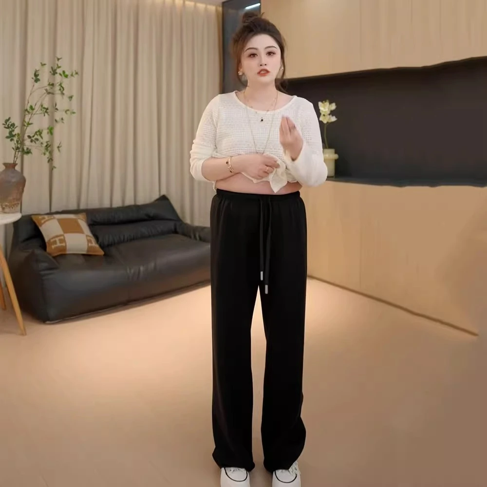 胖佳大码垂感黑色休闲裤女春季新款胖mm高腰遮肚显瘦直筒阔腿裤子
