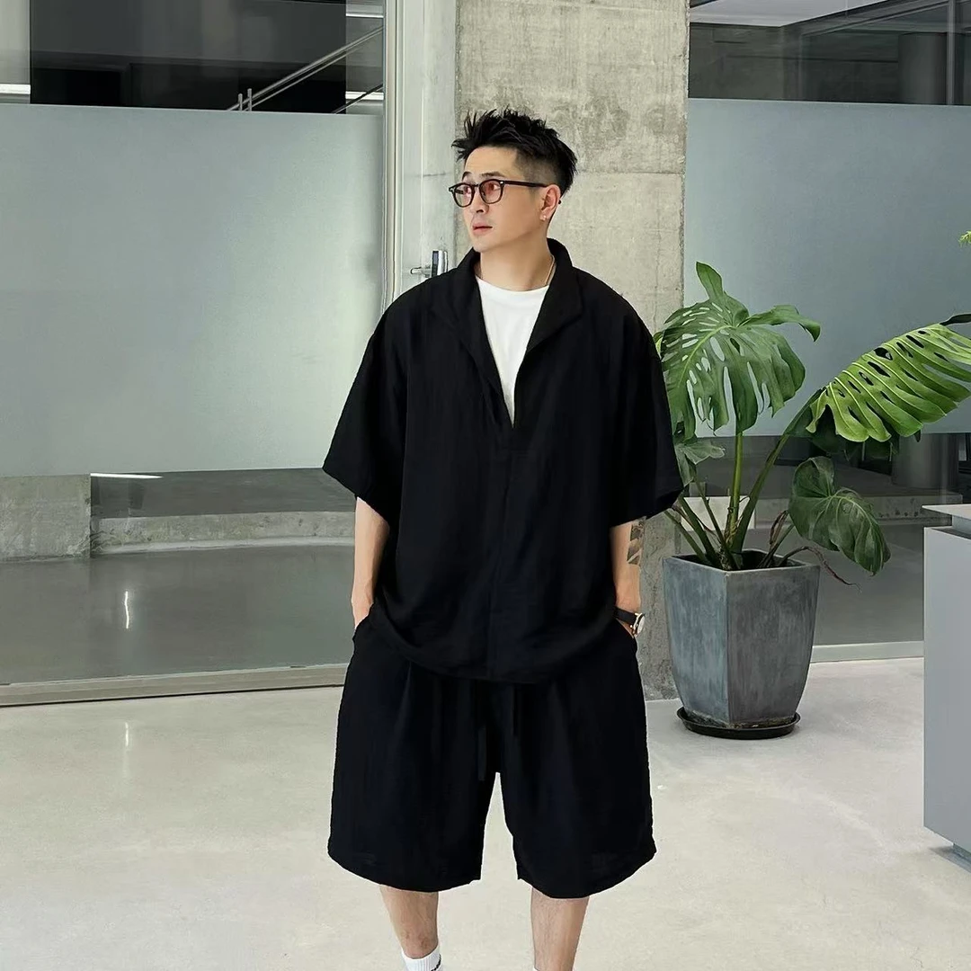 XDZZ二狗25ss夏季超薄廓形假两件天丝亚麻衬衫短裤套装317+317-2