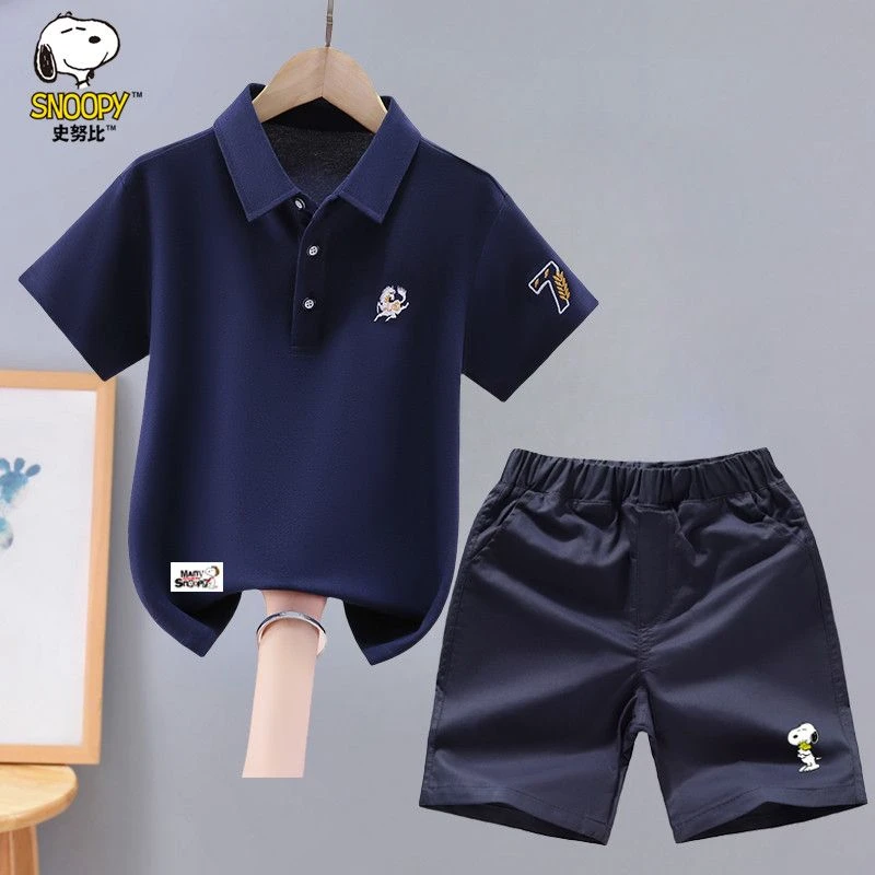 史努比男童短袖套装夏季新款洋气中大童男孩翻领polo衫T恤两件套