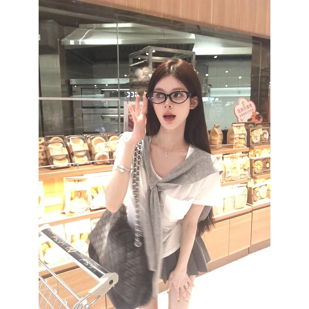 【韩里韩气】夏季搭配一整套口袋套头纯色短袖T恤披肩百褶裙三件套