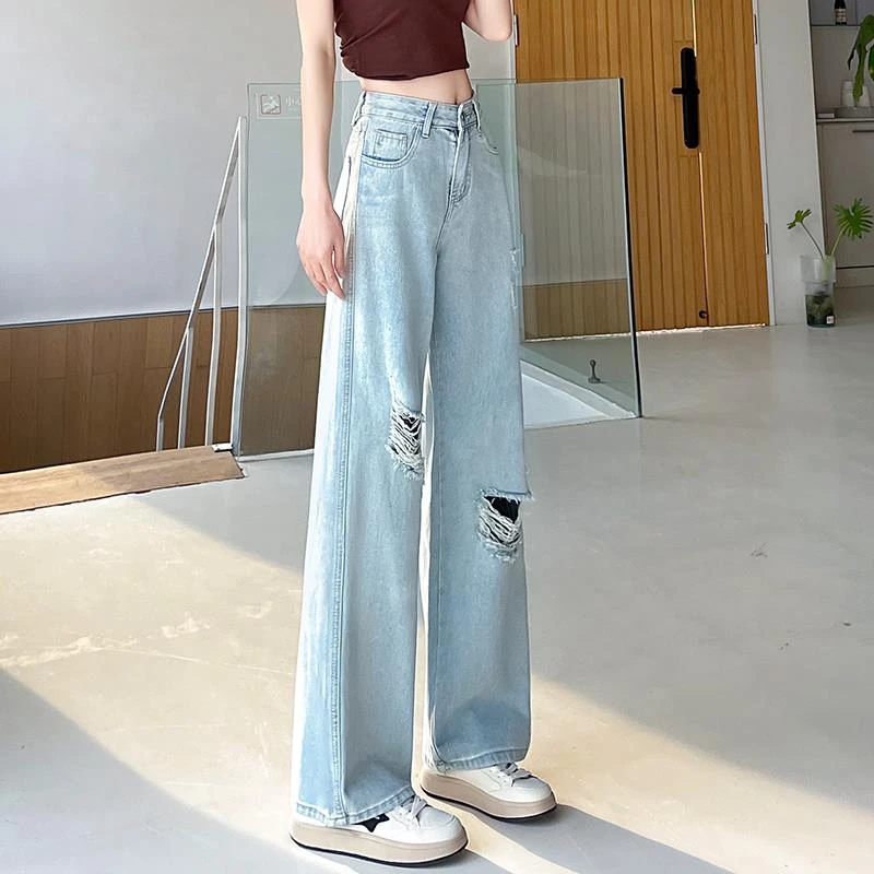 杜拉妮膝盖大破洞阔腿牛仔裤女2025年夏季薄款高腰宽松遮腿型乞丐