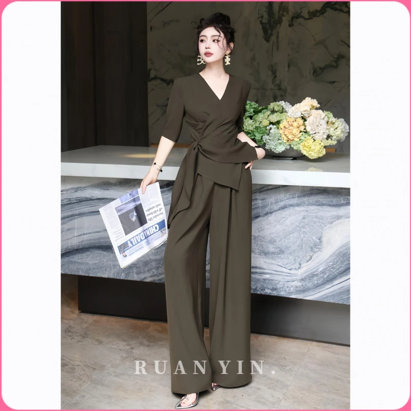 阮音高级感洋气套装2025夏季新款气质V领绑带衬衣阔腿裤两件套女