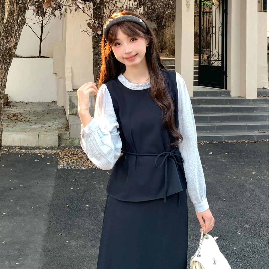 【粉丝专属】TU29441法式气质拼接长袖上衣搭配半身裙百搭显瘦两件