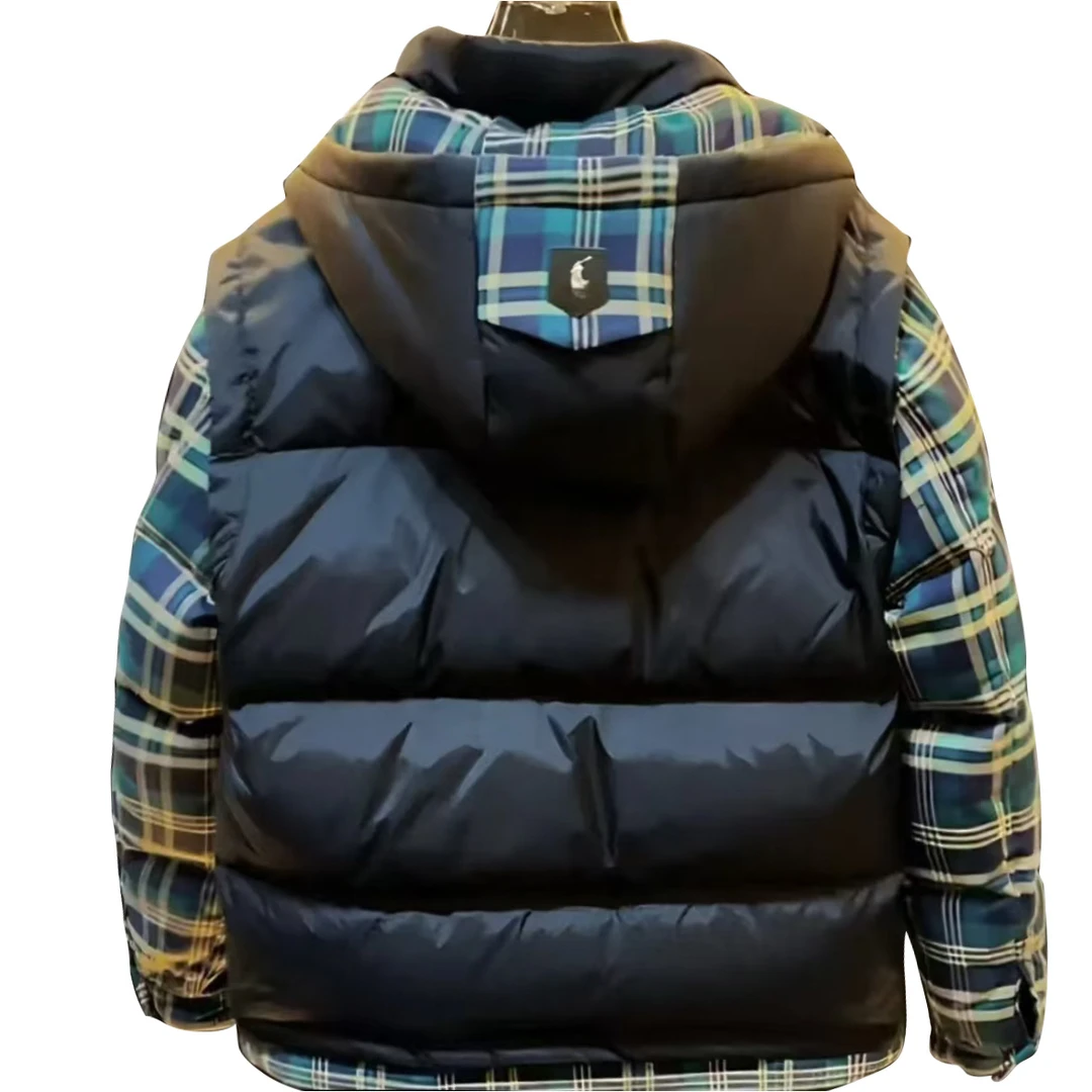 CB-2065-冬季新款时尚百搭简约拼接格子男女同款休闲连帽羽绒服