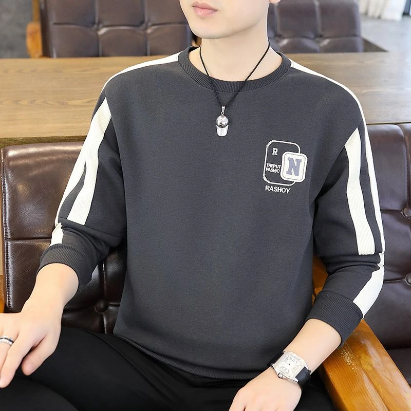 高档卫衣男秋冬加绒加厚男士t恤青年圆领长袖打底衫大码休闲上衣