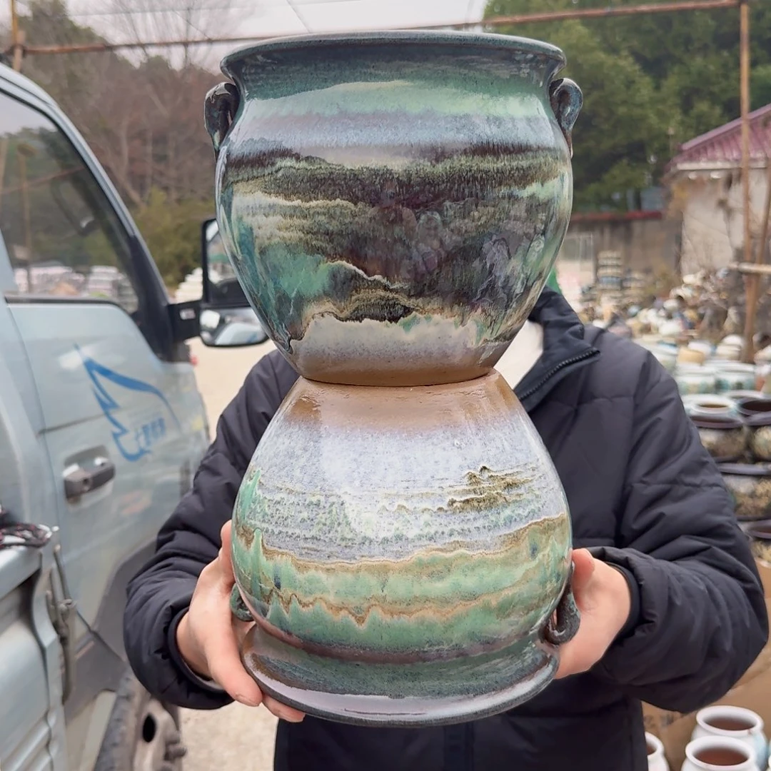 紫砂花盆口20高19（两个耳朵水墨画绿