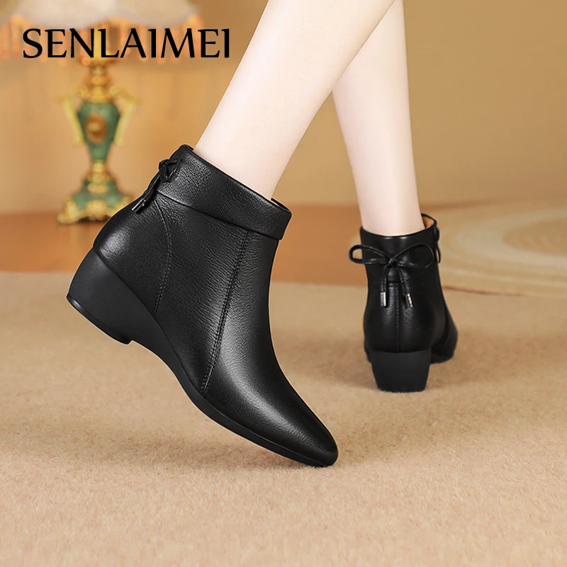 8720坡跟靴子秋冬羊皮真皮短靴新款女鞋平底鞋