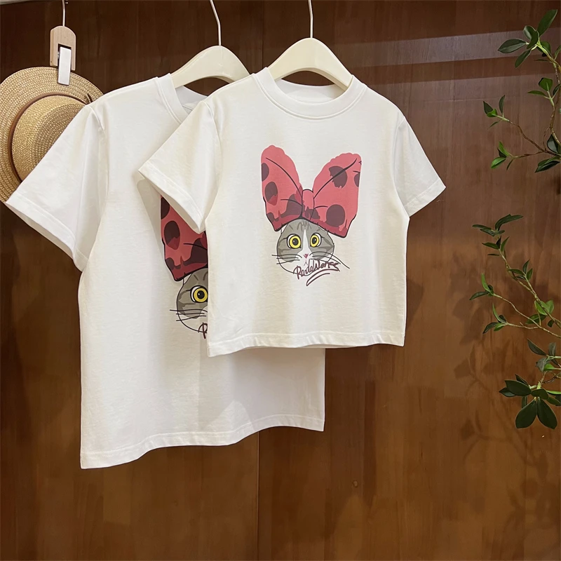 现货【蝴蝶结猫】100棉亲子夏装6011女童百搭韩版休闲T恤圆领短袖