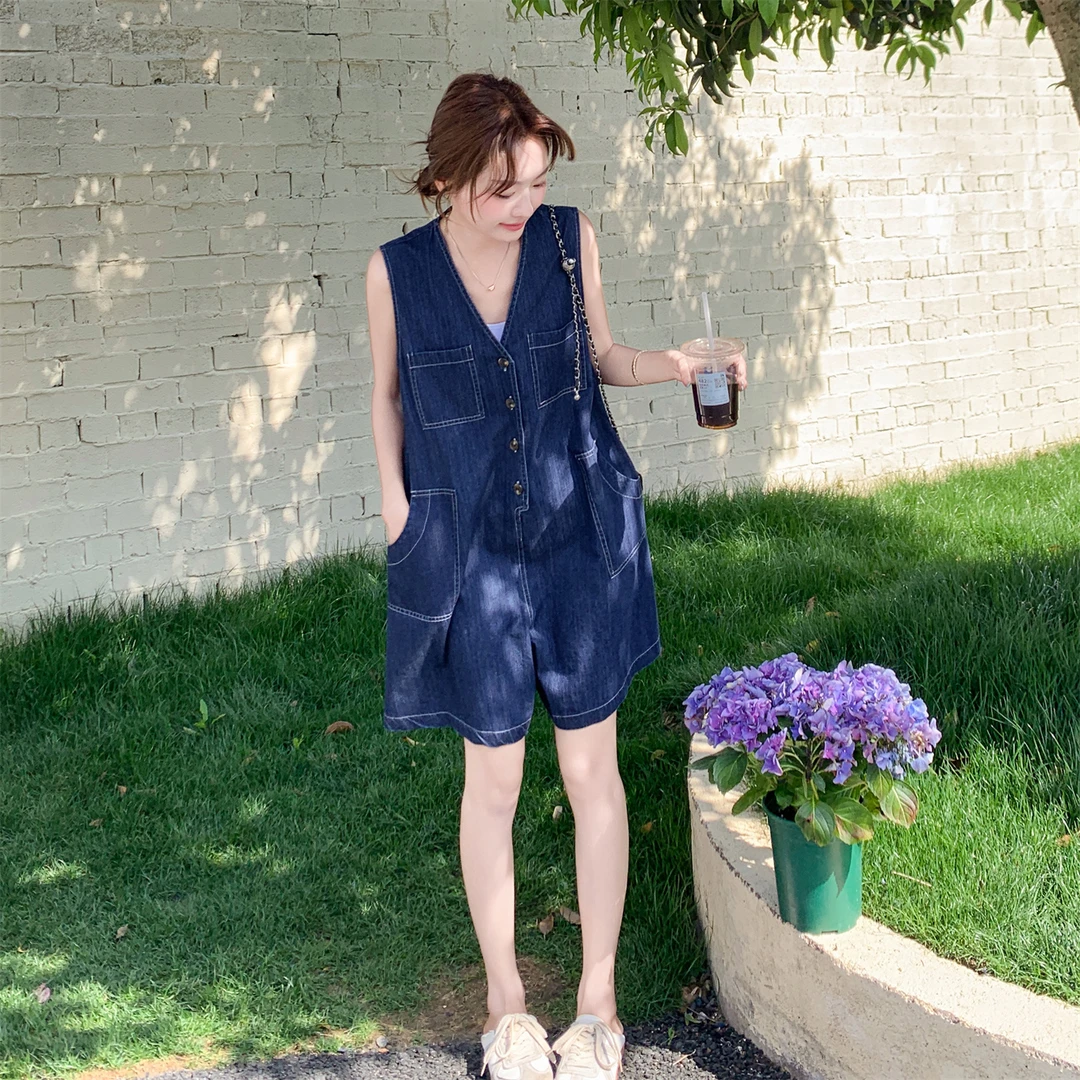牛仔扎染无袖连体裤女2025新款夏季薄款气质高级感老钱风阔腿短裤