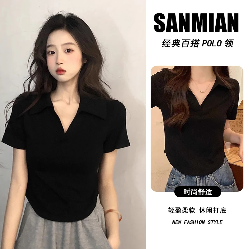 polo领短袖t恤女显瘦夏新款韩版纯欲风弧形下摆修身上衣体恤女款