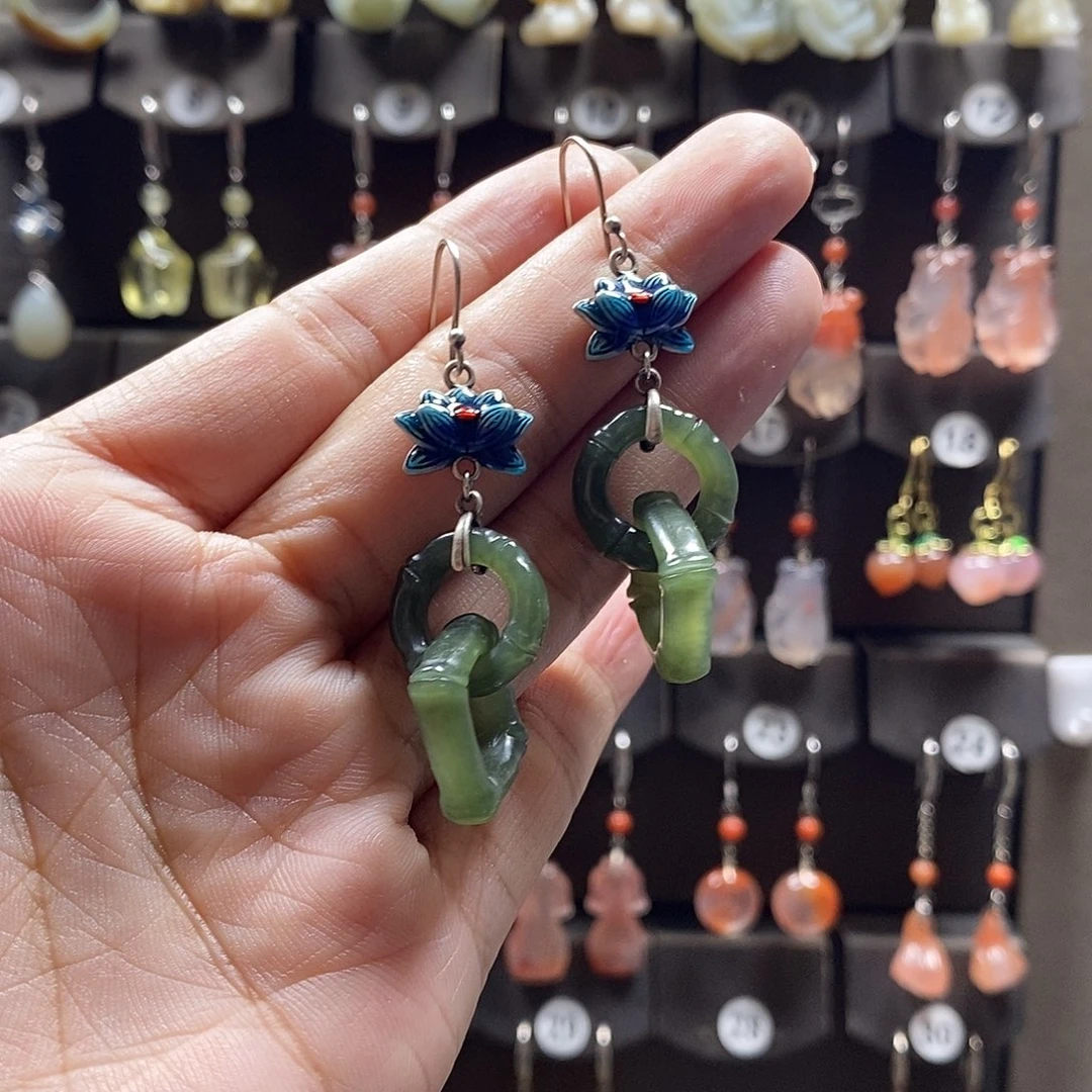 口***眷和田玉银S925镶嵌耳饰