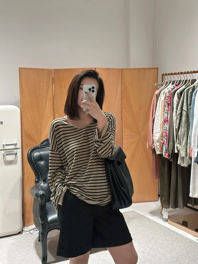 亚麻天丝松弛感条纹t恤宽松长袖休闲百搭圆领