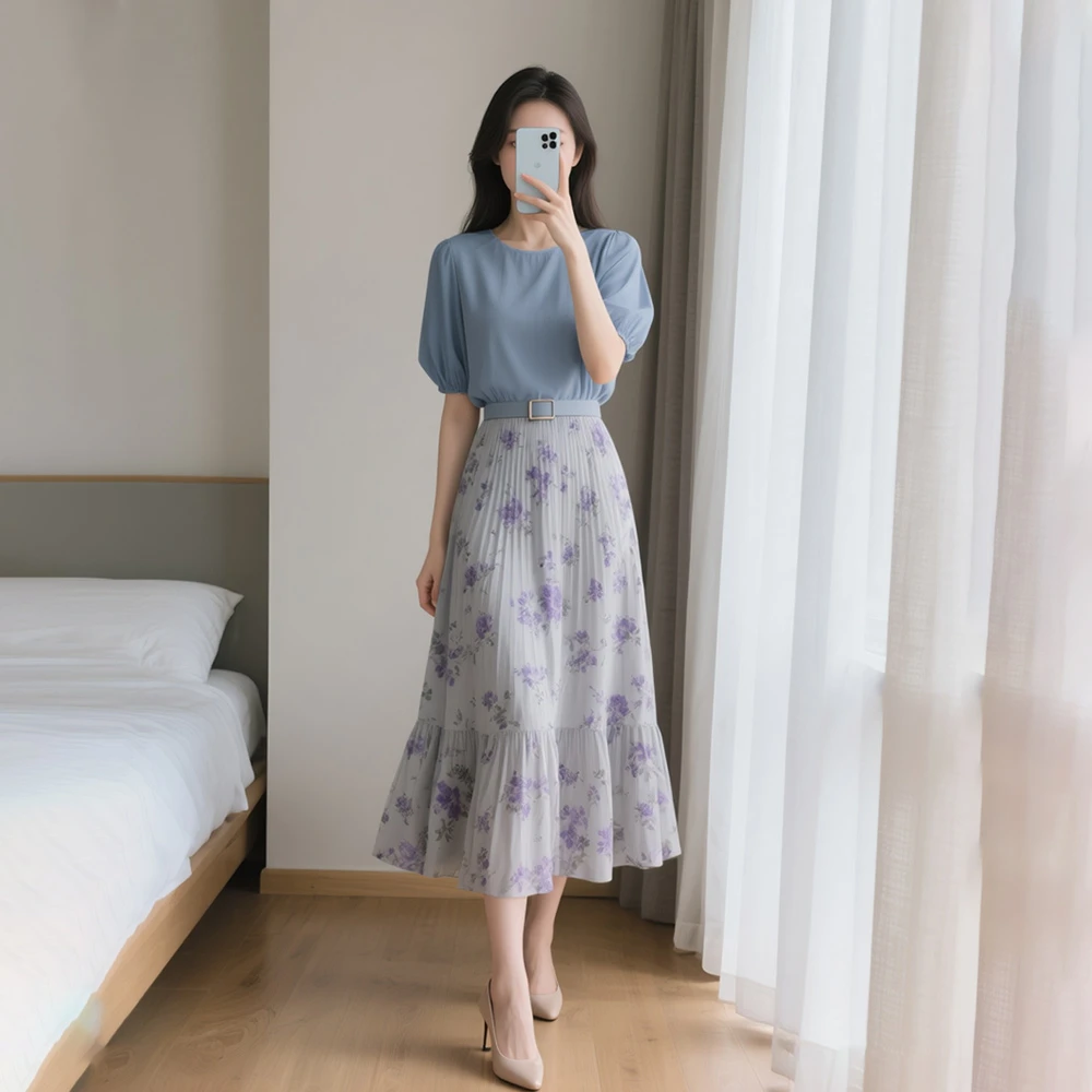 夏季新款女装时尚穿搭碎花半身裙子两件套装气质轻熟风洋气显瘦潮