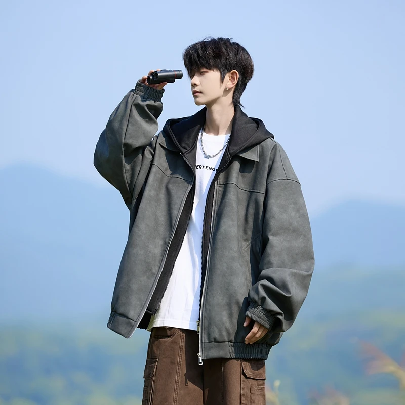 春秋季新款青少年美式简约外套男假两件长袖宽松潮流百搭运动夹克