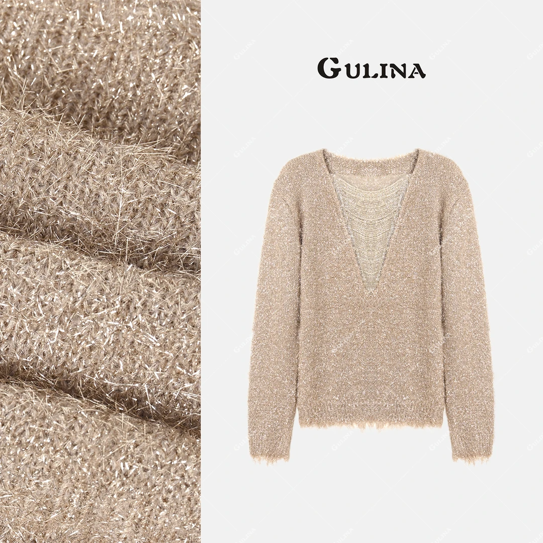 GULINA/娜姐 欧洲站新款阔肩长款鸡心领设计师款针织88460