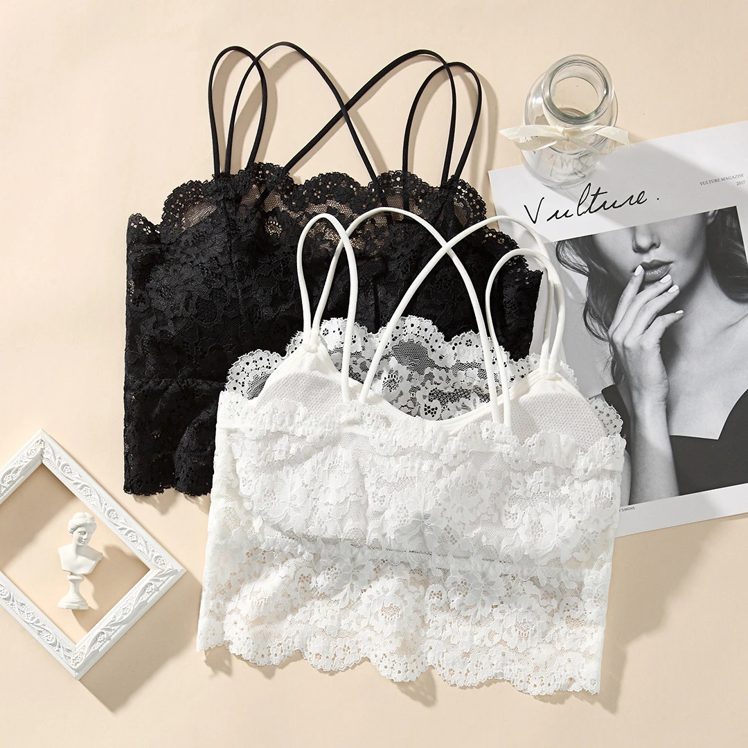 法式交叉细带蕾丝美背裹胸抹胸背心女带胸垫打底防走光吊带内衣薄
