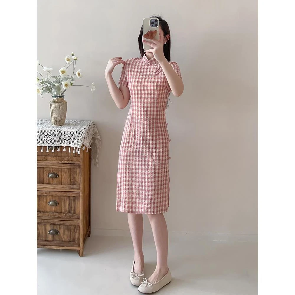 粉色格子旗袍2025新款夏季改良年轻款女小个子气质日常显瘦短款
