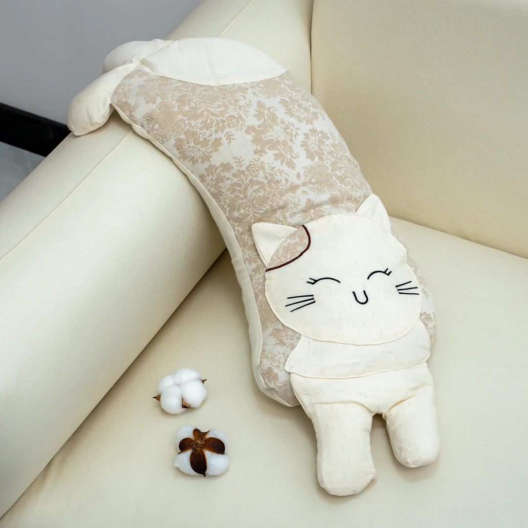 【京かわ会社】棉麻枕头绣花猫咪一只装