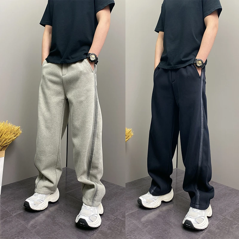 秋冬美式加绒加厚潮流宽松运动卫裤男士拼色条纹百搭休闲直筒长裤