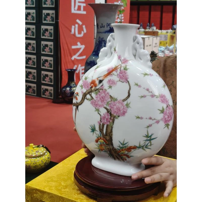 XD-ZH-XD1606水点桃花双耳抱月瓶+底座