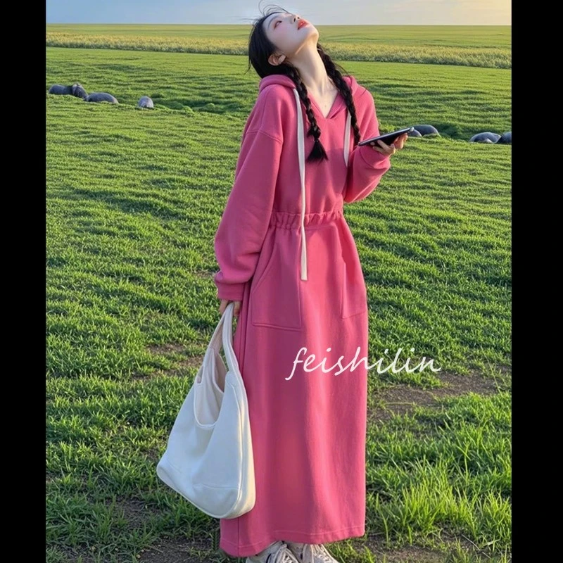 2025年新款小个子洋气漂亮独特超好看宽松显瘦粉色连帽卫衣连衣裙