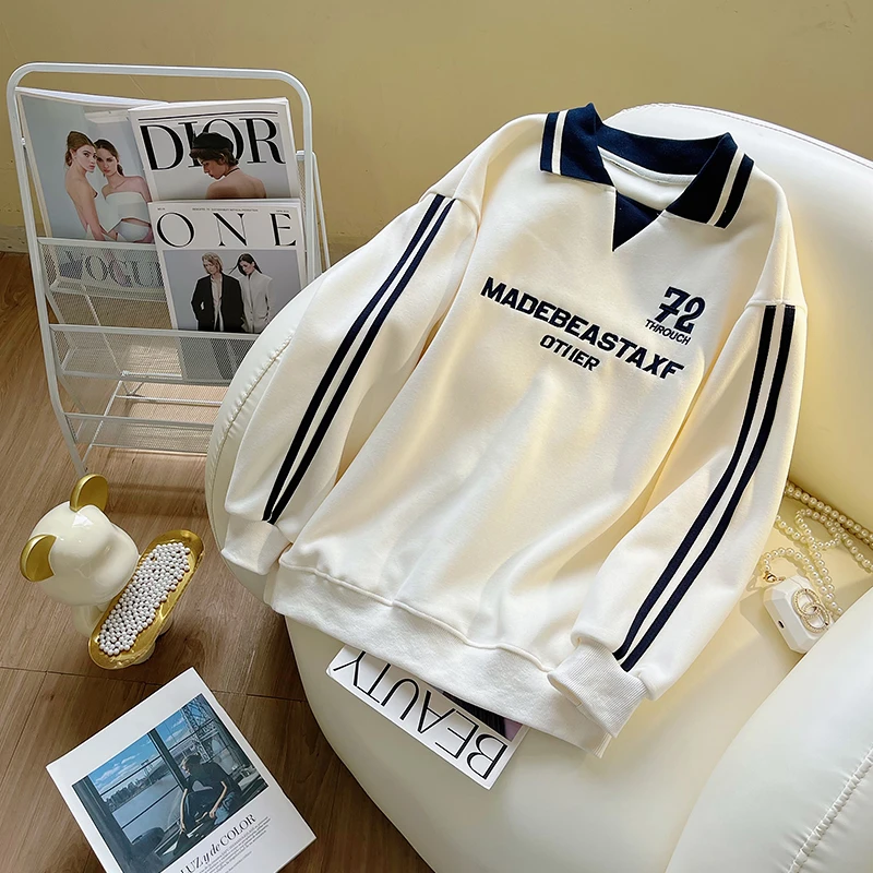 美式复古POLO领条纹卫衣女秋冬2025新款设计感小众慵懒长袖上衣潮