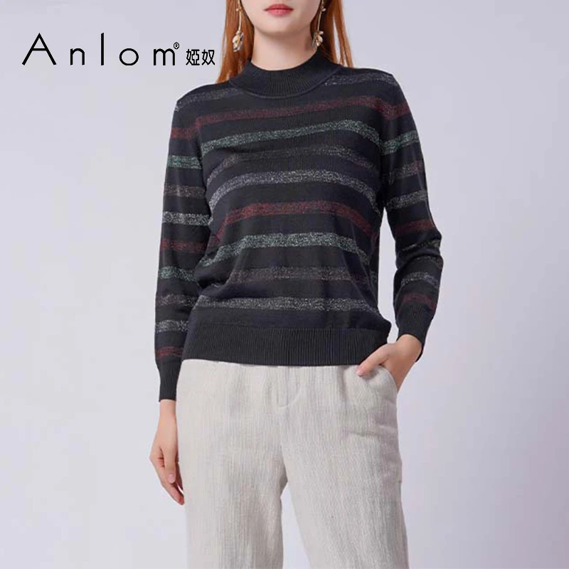 Anlom/娅奴秋季新款修身桑蚕丝针织衫女上衣套衫条纹长袖高领上衣