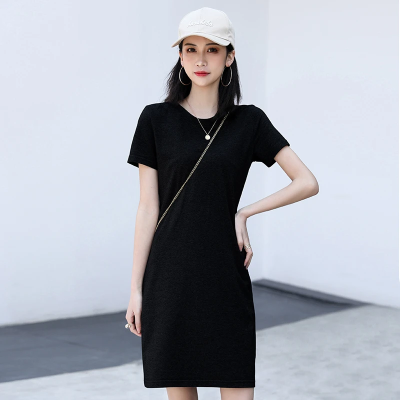 黑色连衣裙女夏季韩版小个子中长款气质修身显瘦休闲针织t恤裙子T