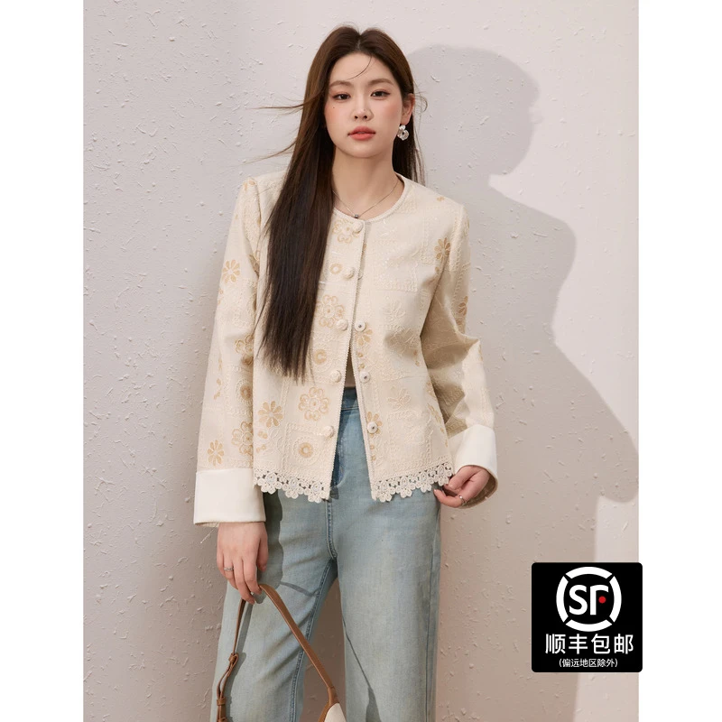 蓝语【小香风重工绣花外套】大码女装优雅棉麻宽松百搭上衣春新款