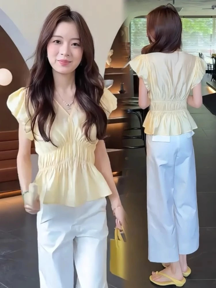 时尚V领衬衫女2025夏季新款时髦洋气上衣气质修身显瘦小香风衬衣