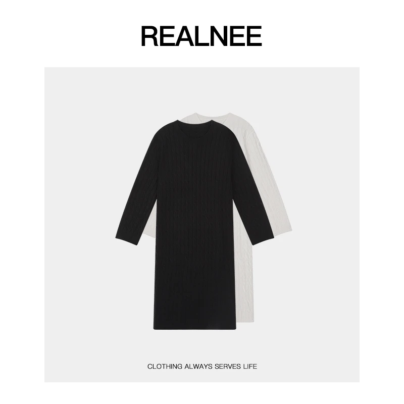 REALNEEI【扭麻花】Tote*澳眻毛罗纹圆领优雅中长连衣裙10154