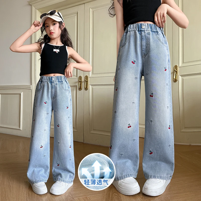女童夏季薄款休闲裤子儿童天丝裤牛仔裤宽松中大童夏装直筒阔腿裤