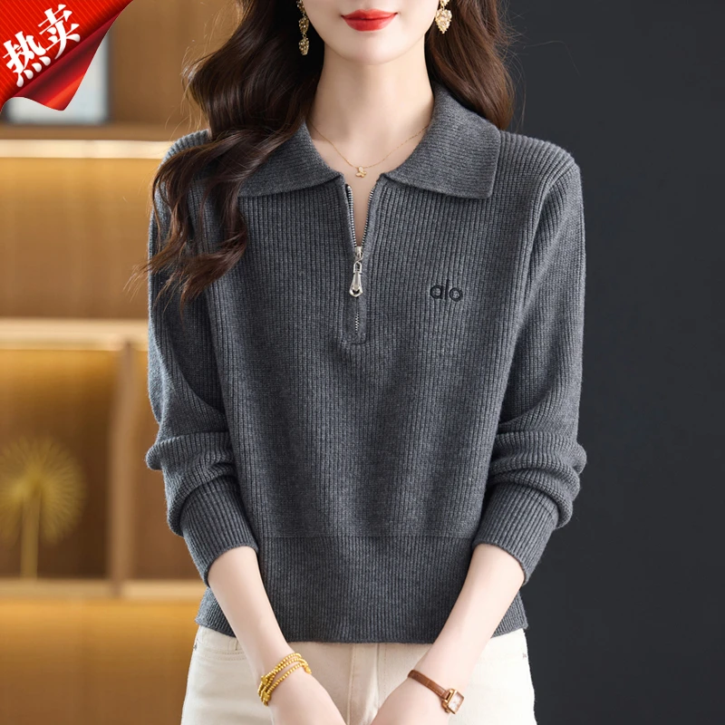 【原版正品】羊毛衫女半拉链翻领秋冬短款小个子红色刺绣针织打底衫