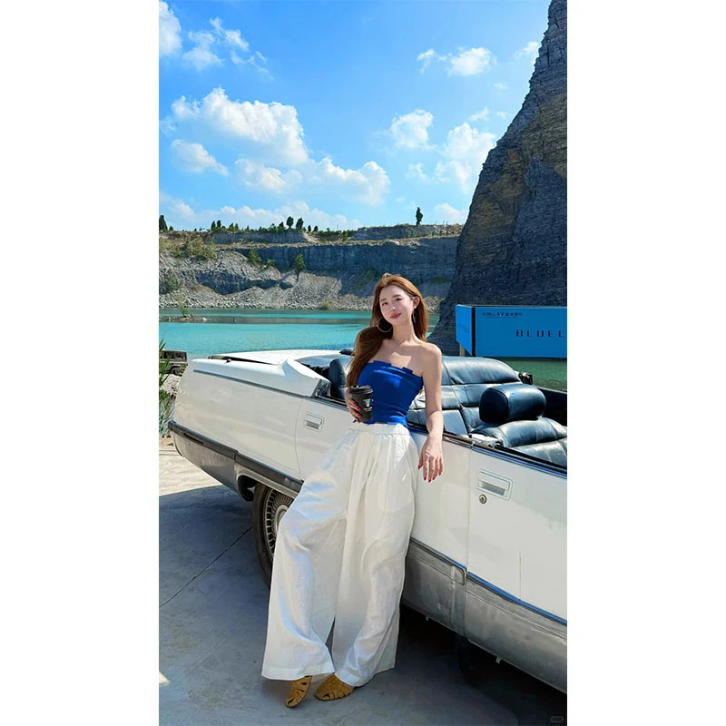 度假风休闲洋气小众蓝色抹胸上衣高腰半身裙垂感白色阔腿裤长裤女