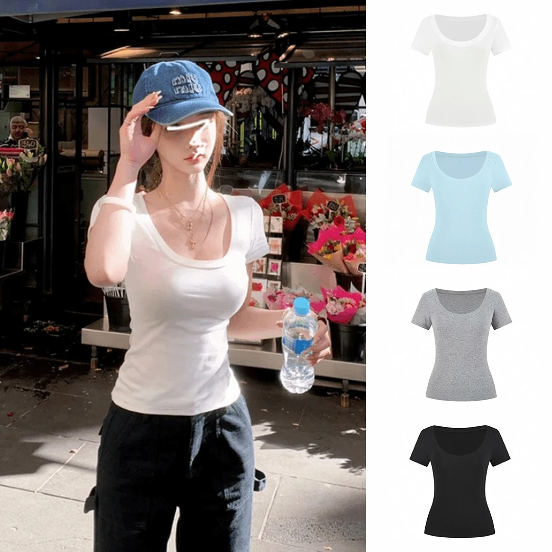 白色短袖修身收腰U领甜辣小上衣女夏季2025新款小个子t恤#T0589