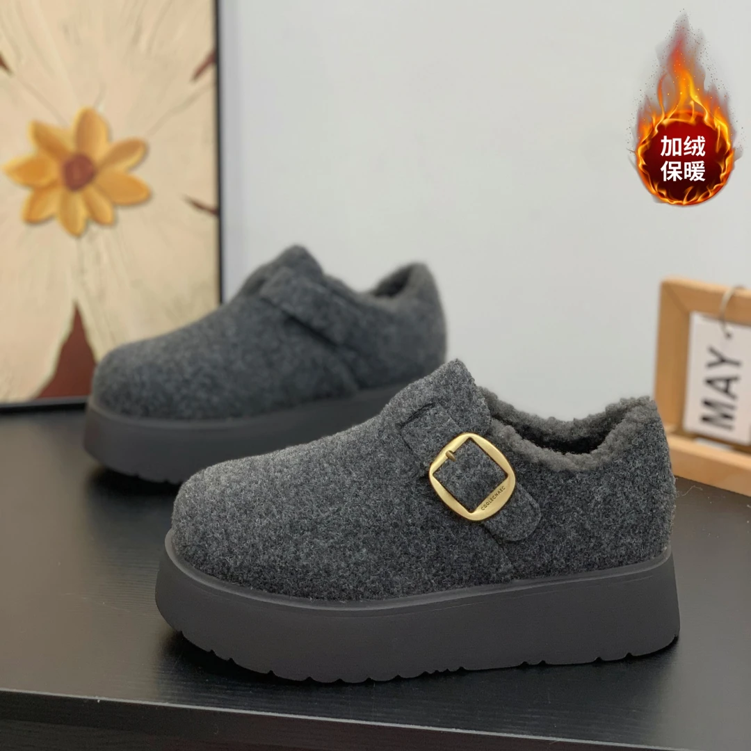 高级感毛呢绒面勃肯鞋女2025冬季加绒保暖舒适魔术贴厚底大头棉鞋