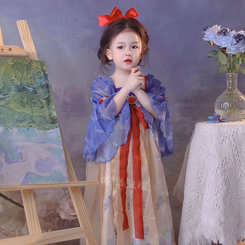 戴维【反季清仓】洋气2025新款夏季女童汉服裙蓝色仙气飘逸公主裙