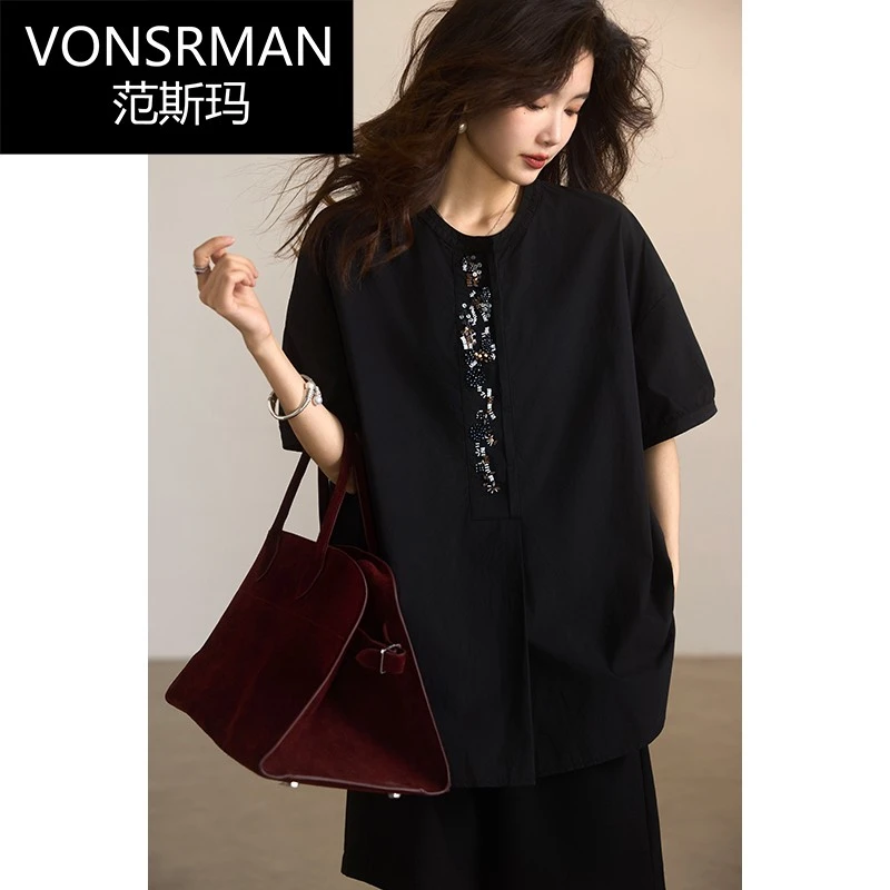 高端时尚刺绣黑色衬衫女夏季2025年新款宽松衬衣欧洲站大码上衣女
