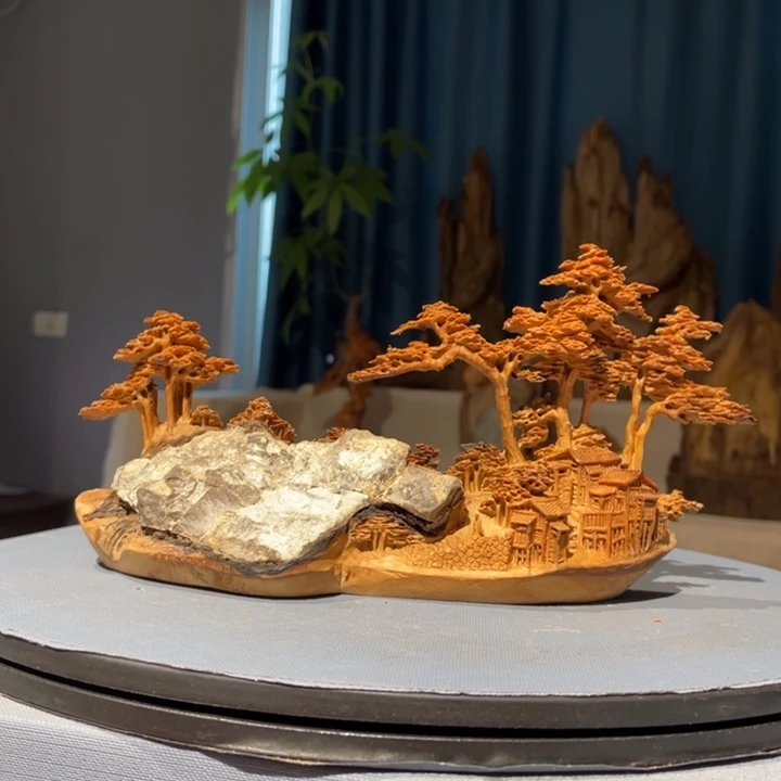 柏木（崖柏）山里人家摆件