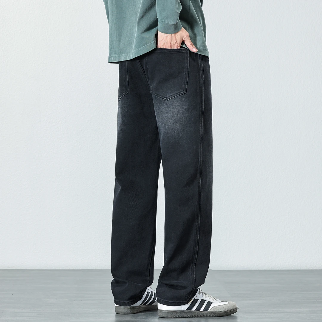 猫须水洗黑色牛仔裤男士2025冬季宽松休闲长裤直筒垂感拖地裤子潮