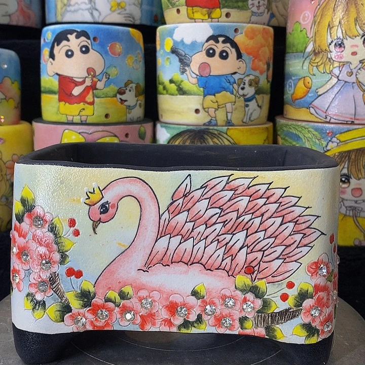 陶秒杀，精工手绘粉色天鹅花盆