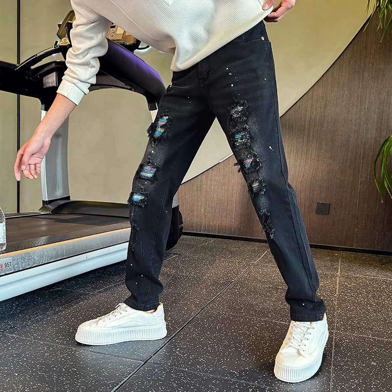 高级感男款窄版牛仔裤潮流破洞乞丐裤2025春秋季痞帅休闲小脚男裤
