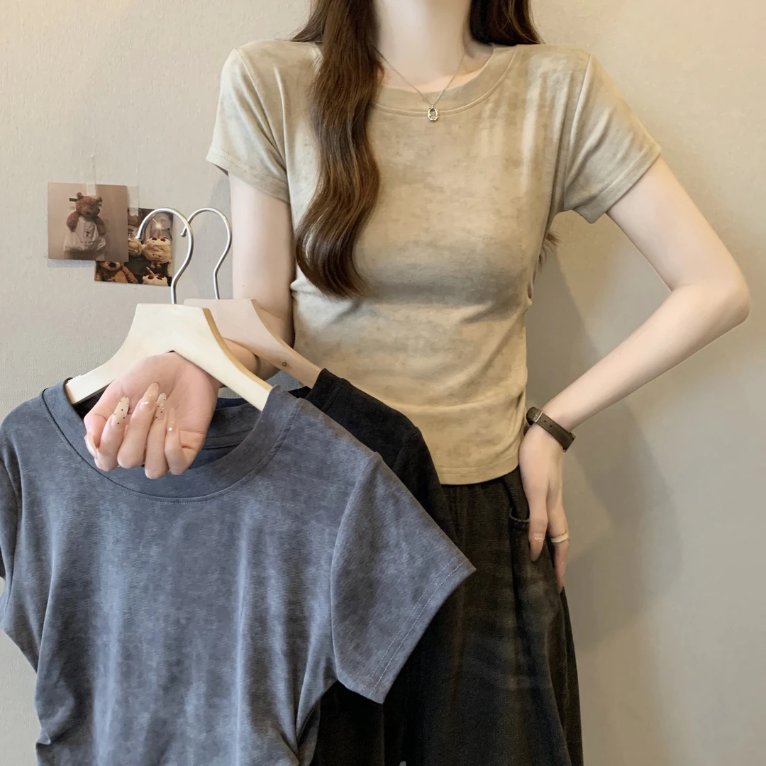 yoewshean/羽媗胖mm短袖T恤女夏季韩系上衣潮复古扎染印花褶皱