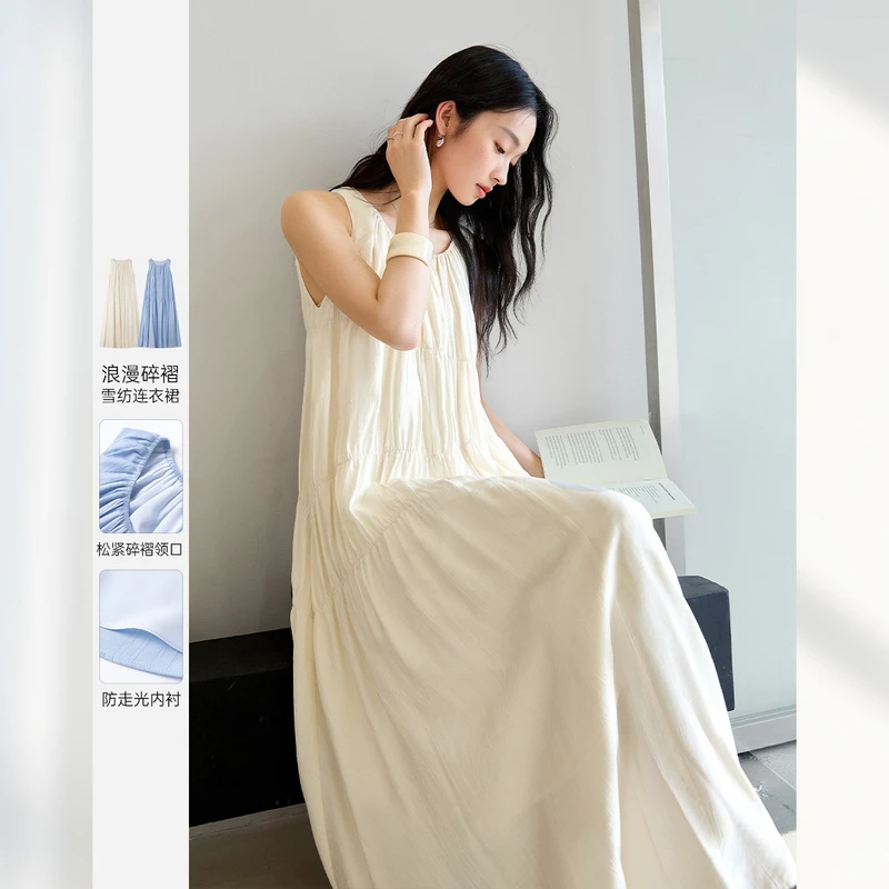 *优雅淑女碎褶无袖欧若风连衣裙不规则压褶长裙M9622