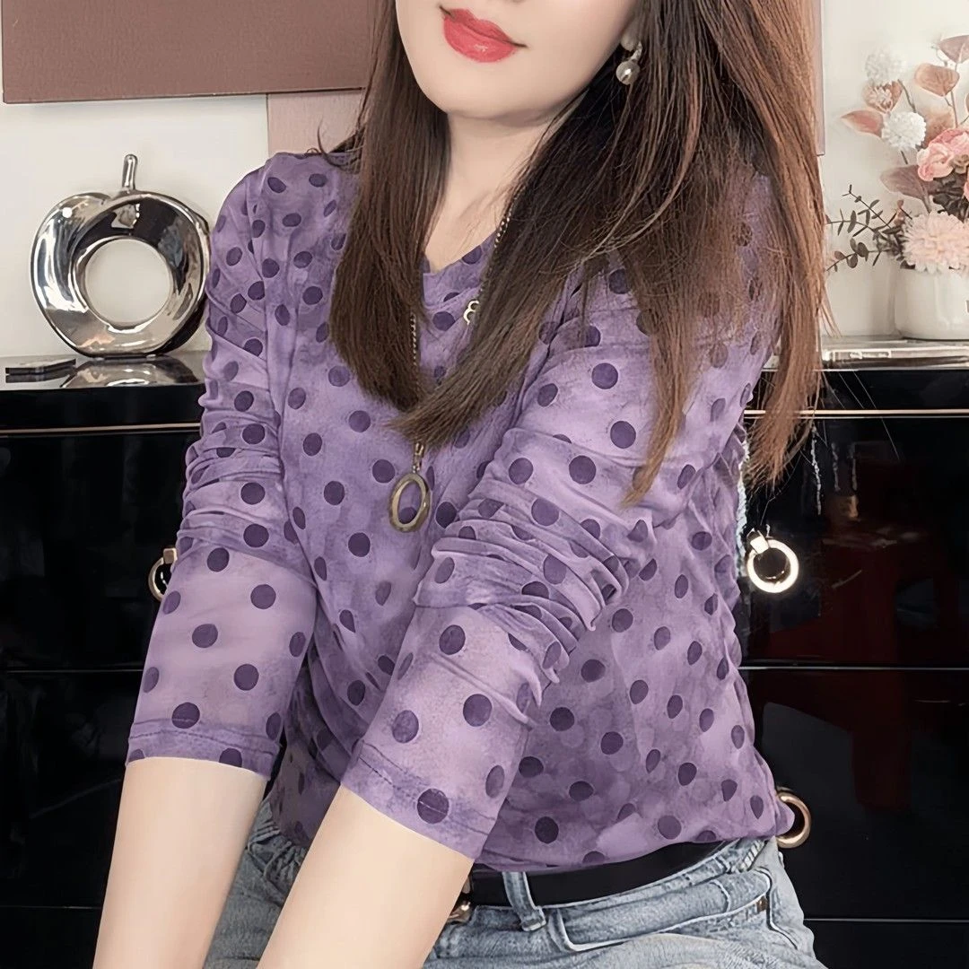 双层弹力网纱波点碎花长袖t恤新款春秋修身显瘦漂亮减龄打底上衣