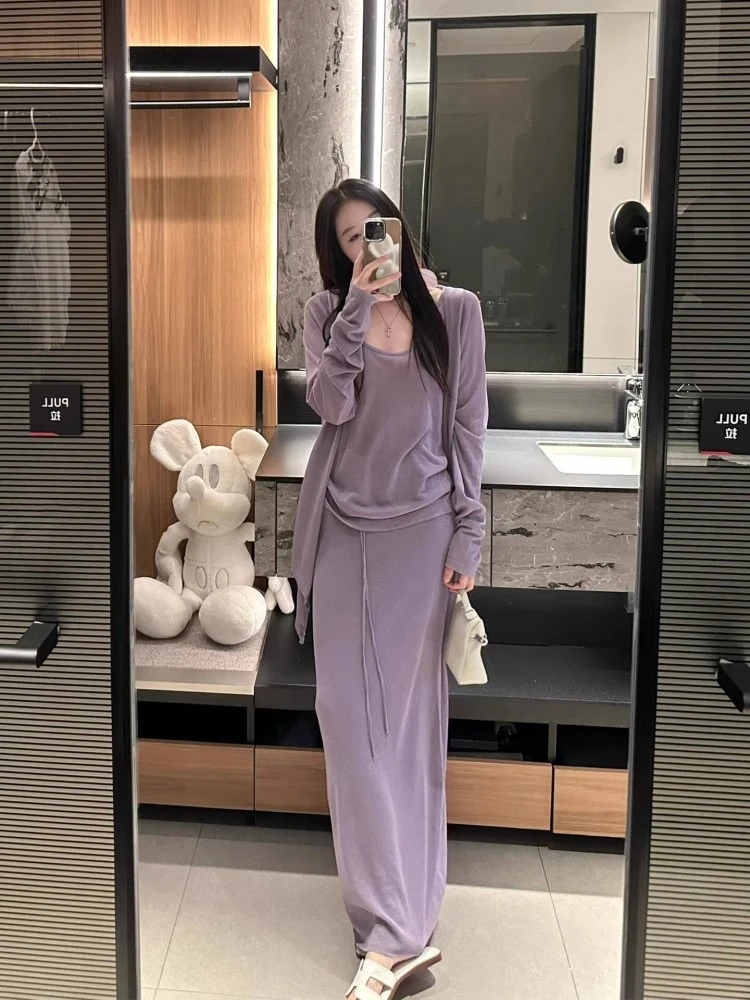 新款名媛慵懒松弛感针织开衫2025背心吊带夏季半身裙三件套套装