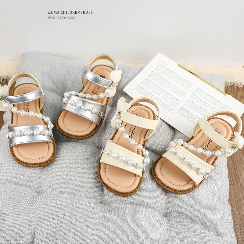 女童凉鞋夏季新款女孩珍珠公主鞋软底一字沙滩鞋7225